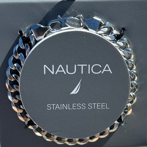 Nautica mens stainless steel Cuban link chain bracelet 8.5 in lobster clasp NIB - Picture 6 of 16